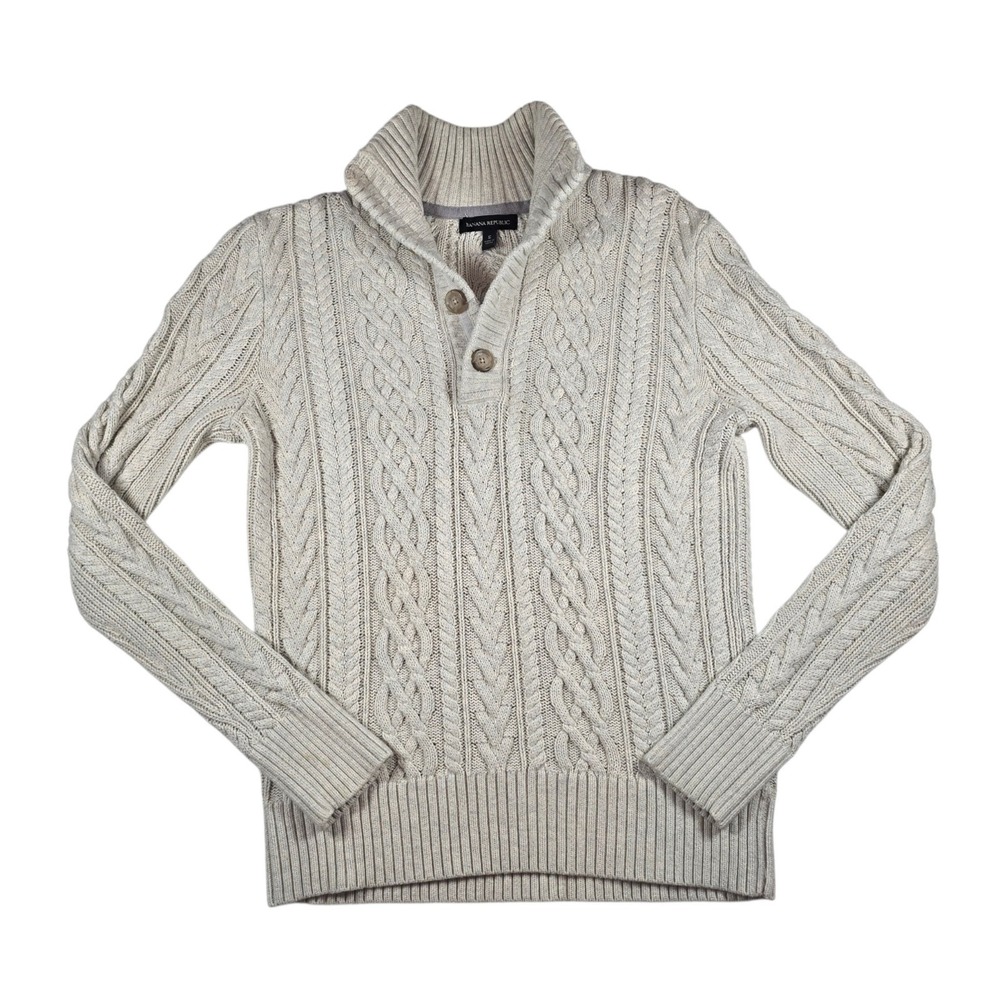 Banana Republic Fisherman Cable Knit Cream Preppy Button Pullover Sweater Mens S